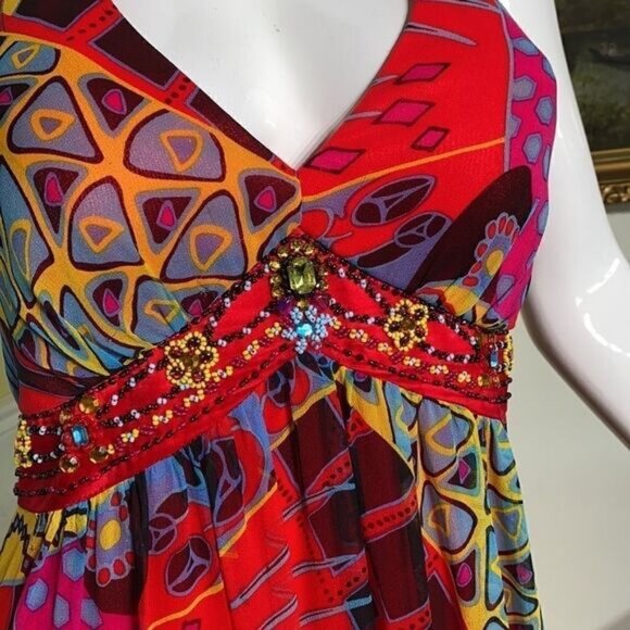 Sue Wong Beaded Printed Silk Chiffon Maxi Dress - Picture 4 of 11